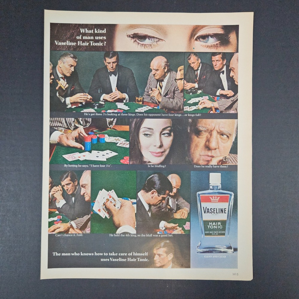 1966 Vaseline Hair Tonic Vintage Print Ad Gambling‎ Poker Card Game Casino Bar